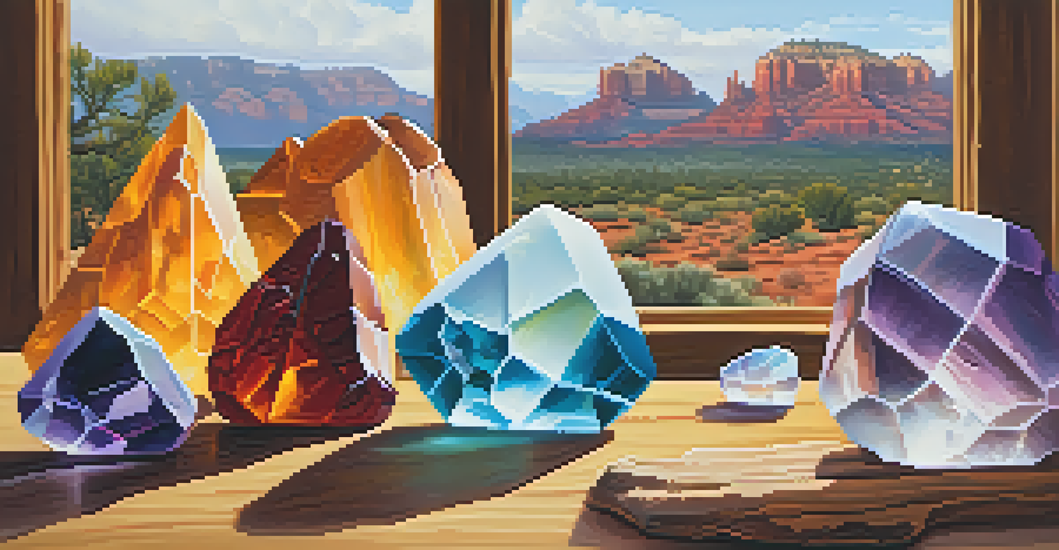 A display of colorful crystals on a wooden table, with a view of Sedona's red rocks through a window.