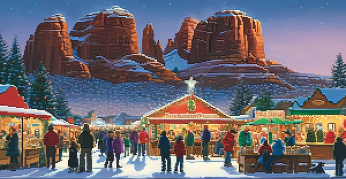 A vibrant holiday art and craft fair in Sedona with colorful booths, handmade crafts, and families enjoying the festive atmosphere.