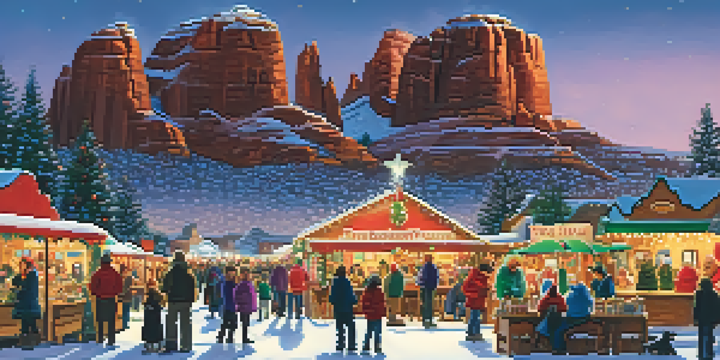 A vibrant holiday art and craft fair in Sedona with colorful booths, handmade crafts, and families enjoying the festive atmosphere.