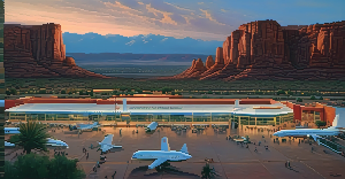 A scenic view of Airport Mesa with red rock formations at sunset, featuring people stargazing on blankets.