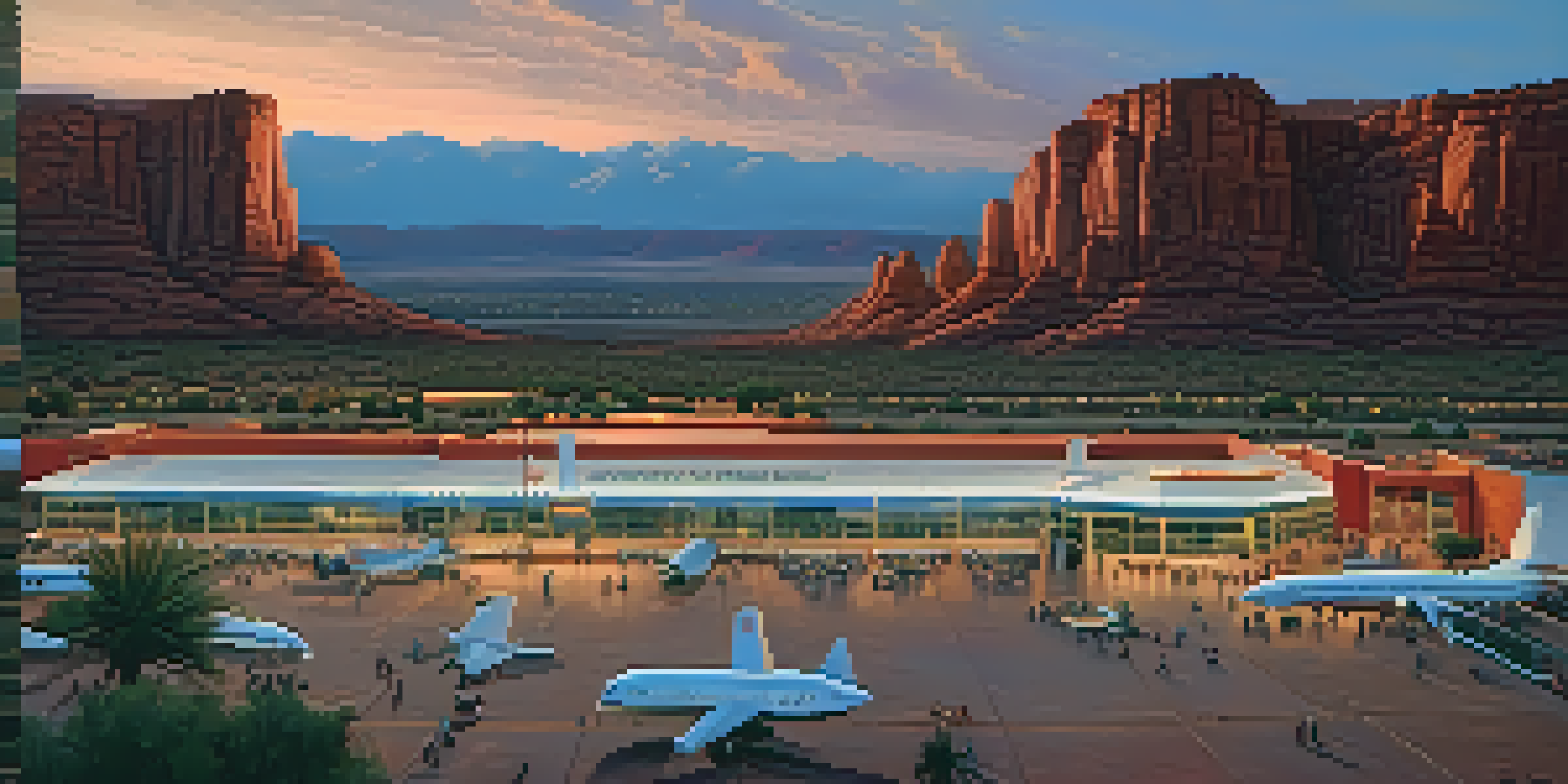 A scenic view of Airport Mesa with red rock formations at sunset, featuring people stargazing on blankets.
