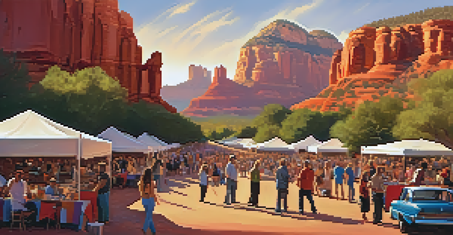 An outdoor film festival scene with filmmakers and audience members interacting in front of red rock formations, illuminated by a warm sunset.