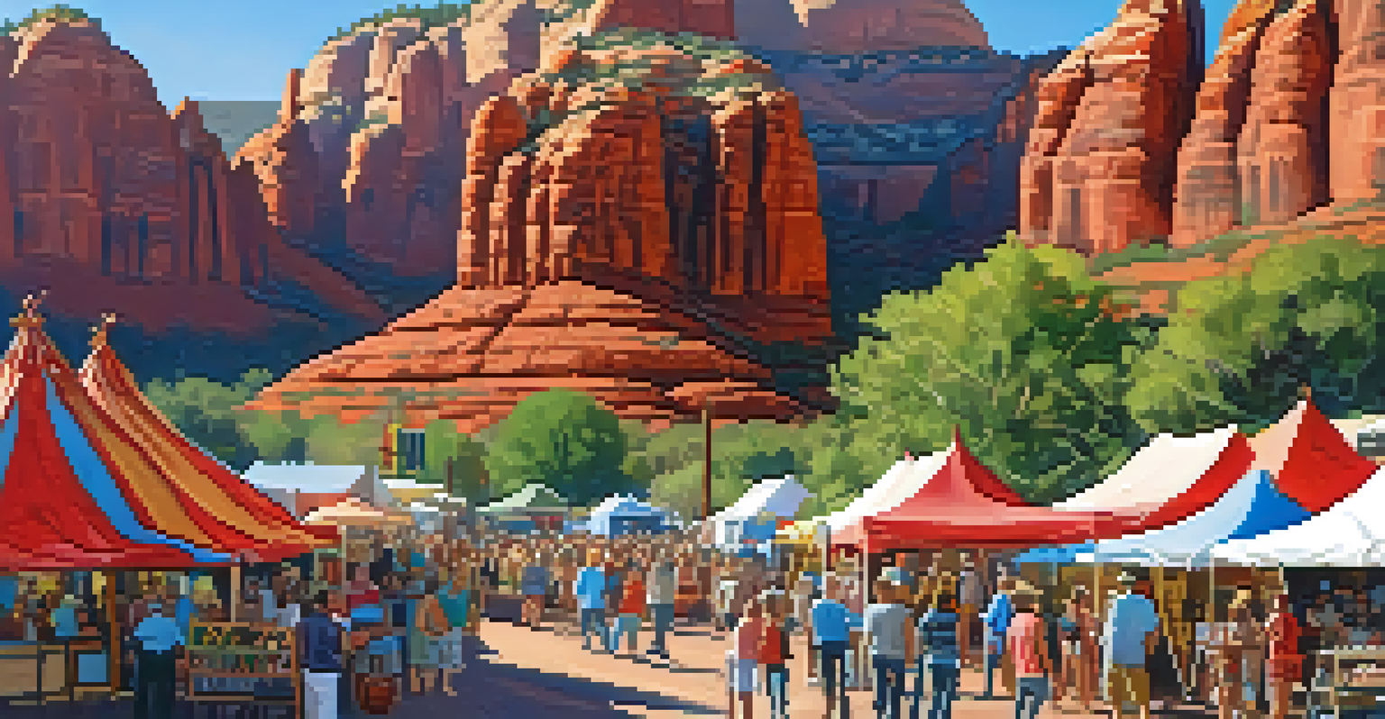 A vibrant local festival in Sedona with colorful booths and happy families, set against the iconic red rocks under a sunny sky.