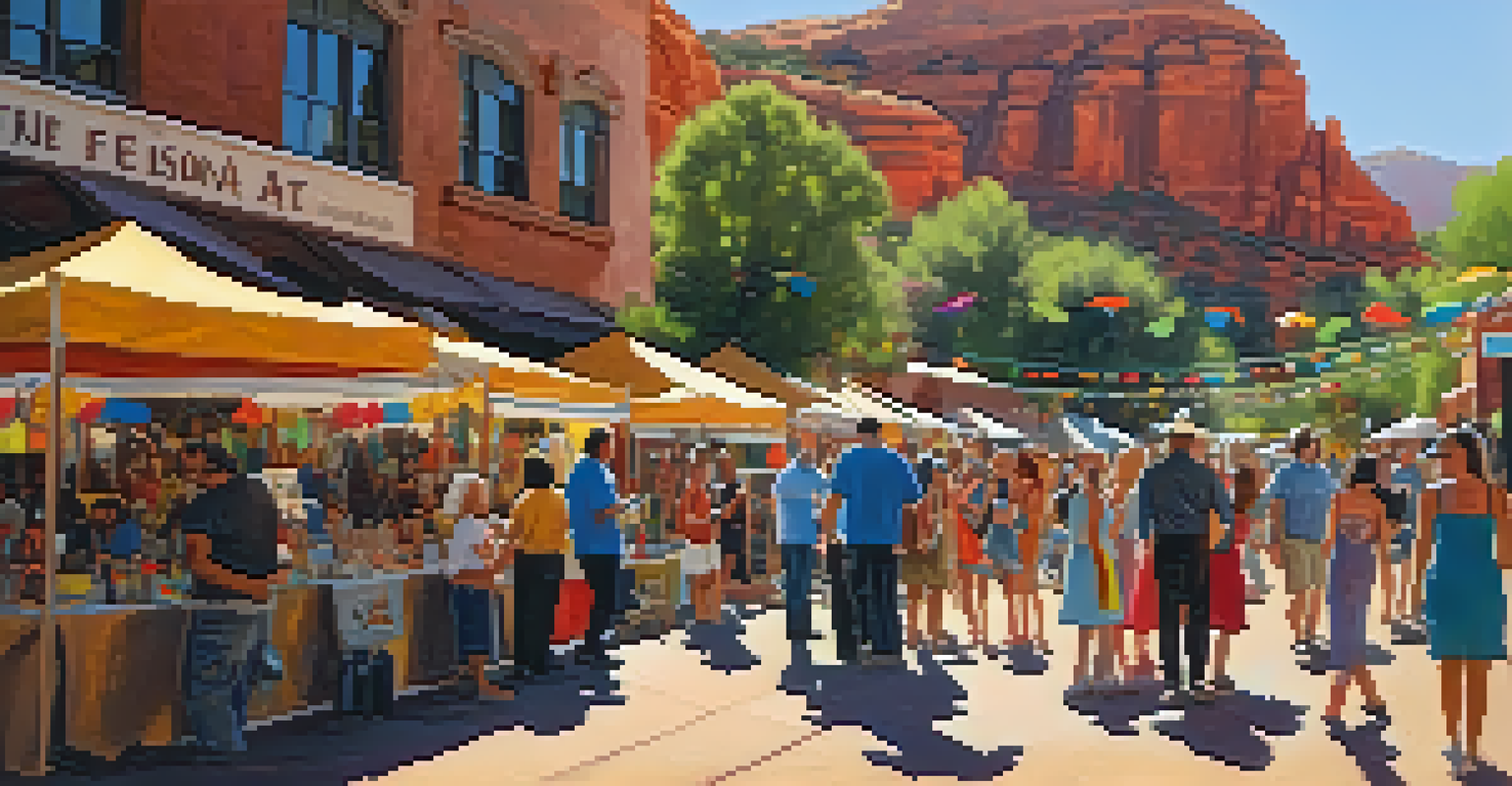 A lively scene from the Sedona Arts Festival with attendees exploring colorful art booths and live performances.