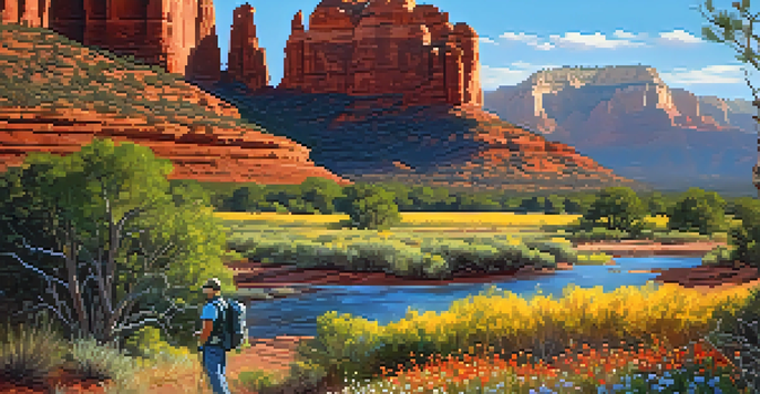 A hiker enjoying a vibrant spring landscape in Sedona, surrounded by blooming wildflowers and red rock formations under a clear blue sky.