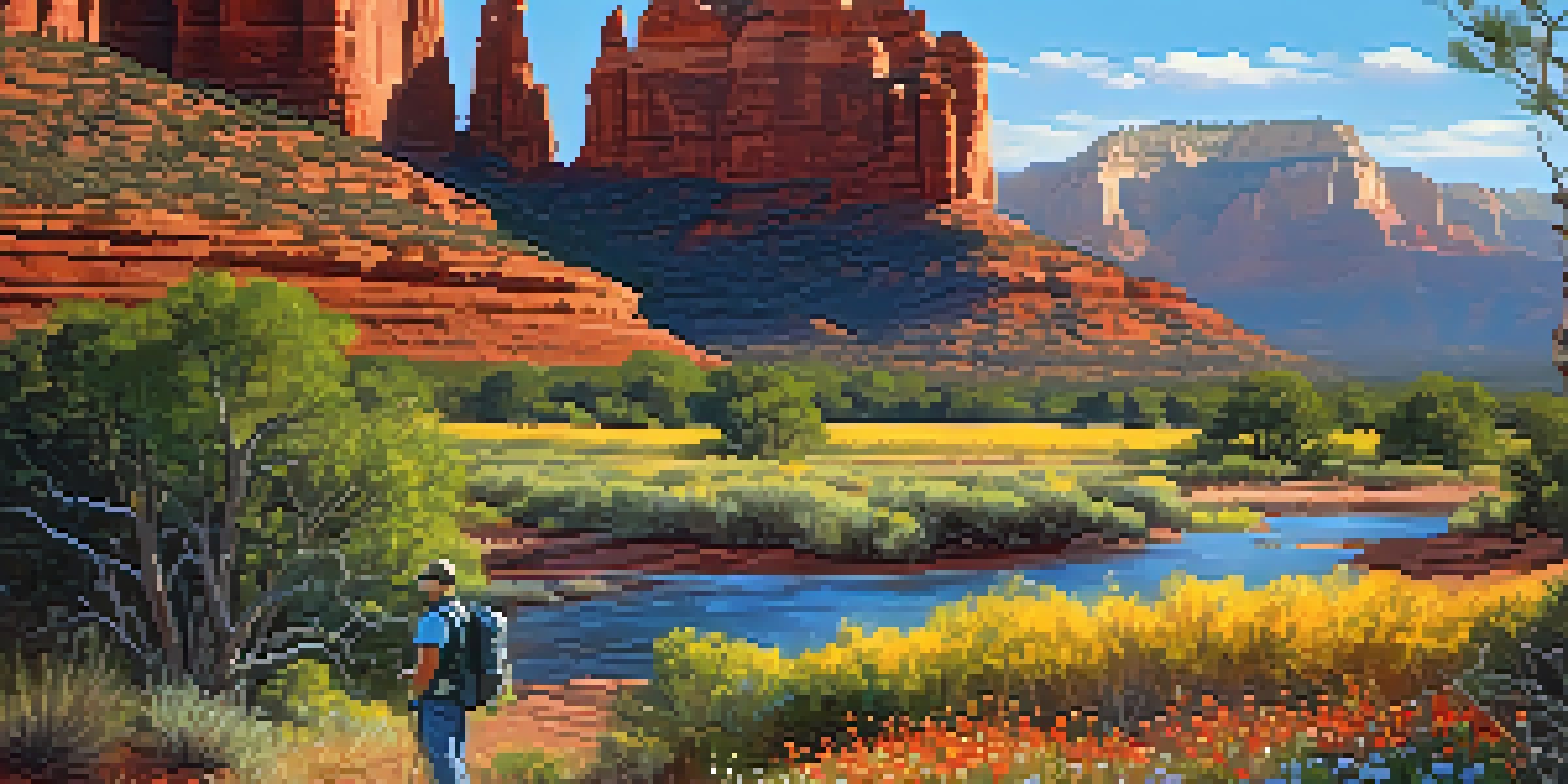 A hiker enjoying a vibrant spring landscape in Sedona, surrounded by blooming wildflowers and red rock formations under a clear blue sky.