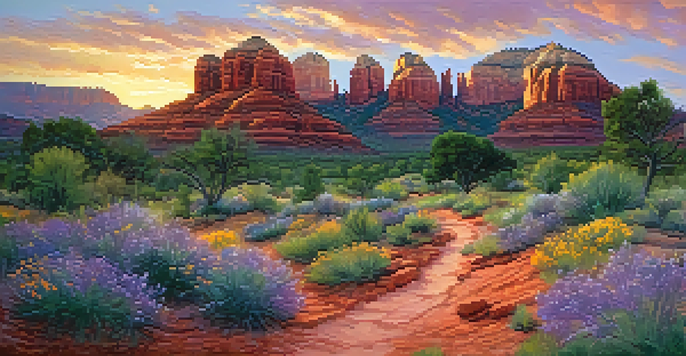 A scenic view of Sedona's red rock formations during sunset with a green landscape and wildflowers in the foreground.