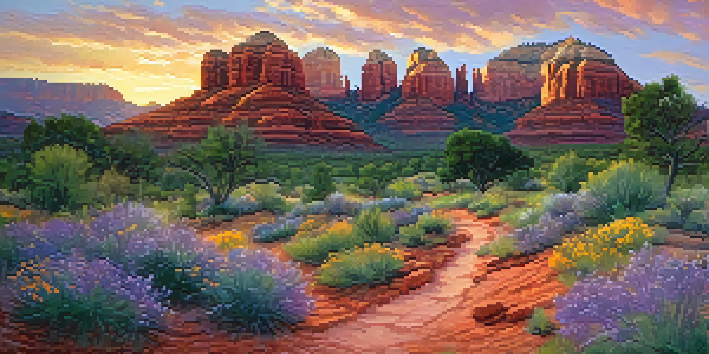 A scenic view of Sedona's red rock formations during sunset with a green landscape and wildflowers in the foreground.