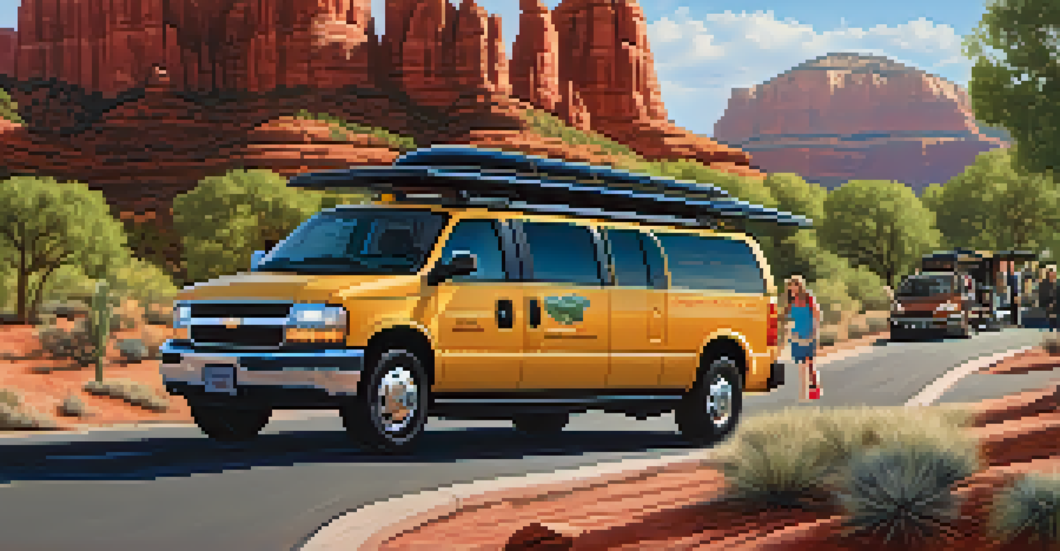 An accessible vehicle in Sedona with a ramp, assisting a family, set against a backdrop of red rock formations.