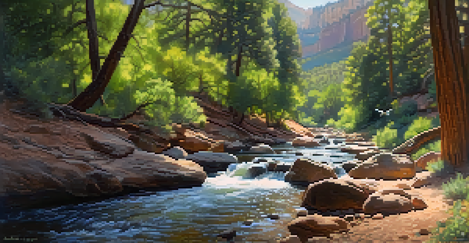 A peaceful summer morning in Oak Creek Canyon, featuring nesting hawks among lush trees, surrounded by songbirds and a gentle stream.