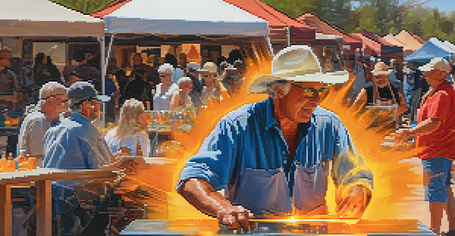 An artisan demonstrating glassblowing with molten glass at Sedona's farmers' market, surrounded by engaged onlookers.
