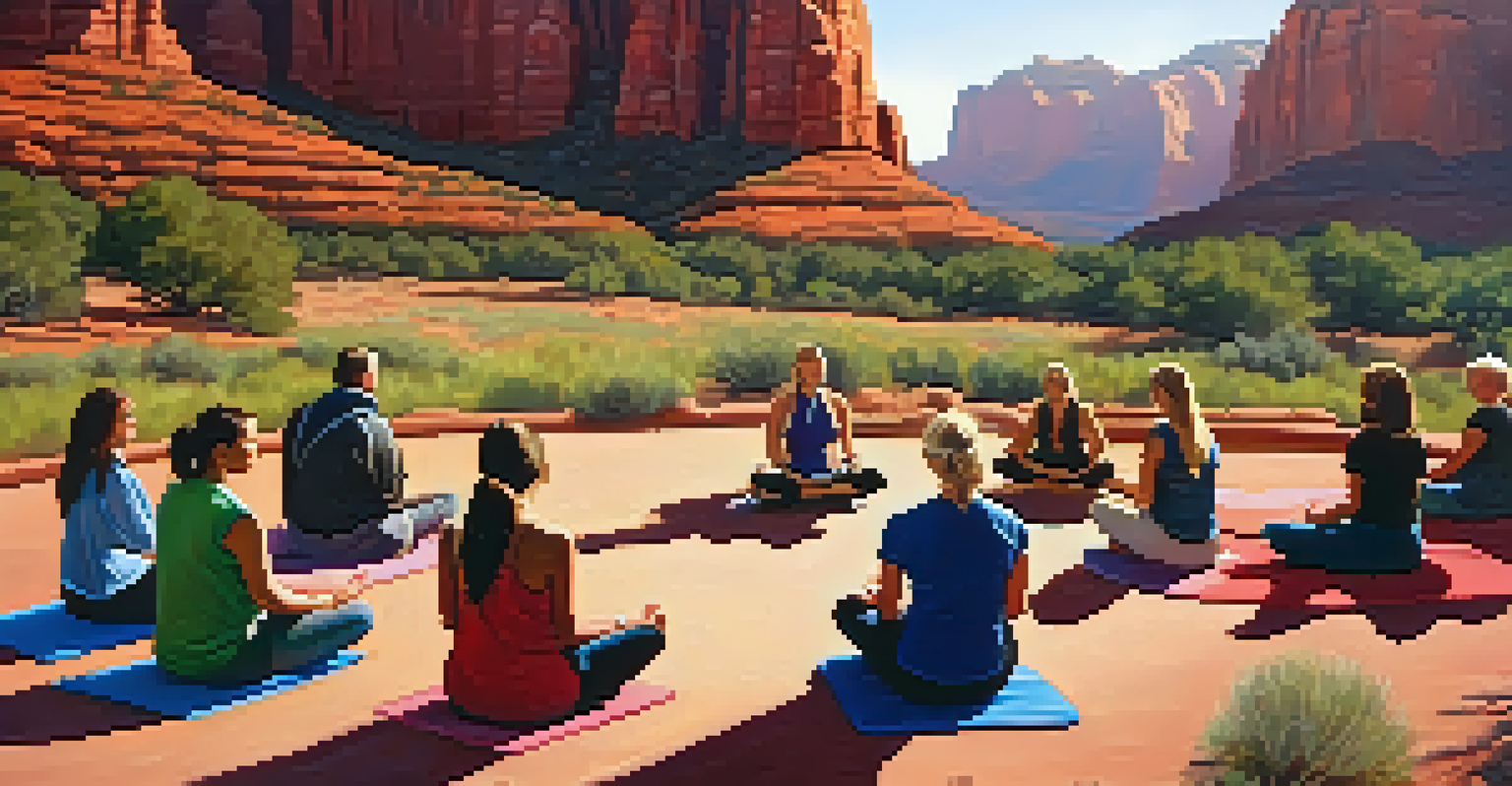 A group of people meditating in a circle at a Sedona vortex, surrounded by red rocks and illuminated by the morning light.