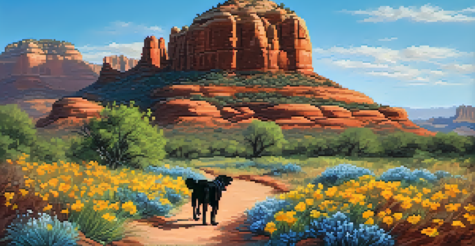 A peaceful trail in Sedona with a dog walking alongside its owner, surrounded by colorful wildflowers and the Bell Rock formation in the background.