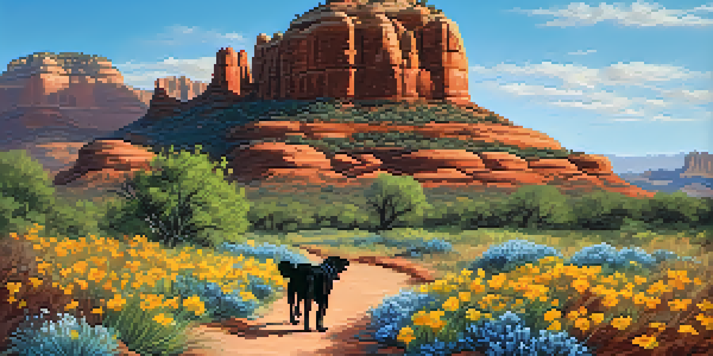 A peaceful trail in Sedona with a dog walking alongside its owner, surrounded by colorful wildflowers and the Bell Rock formation in the background.