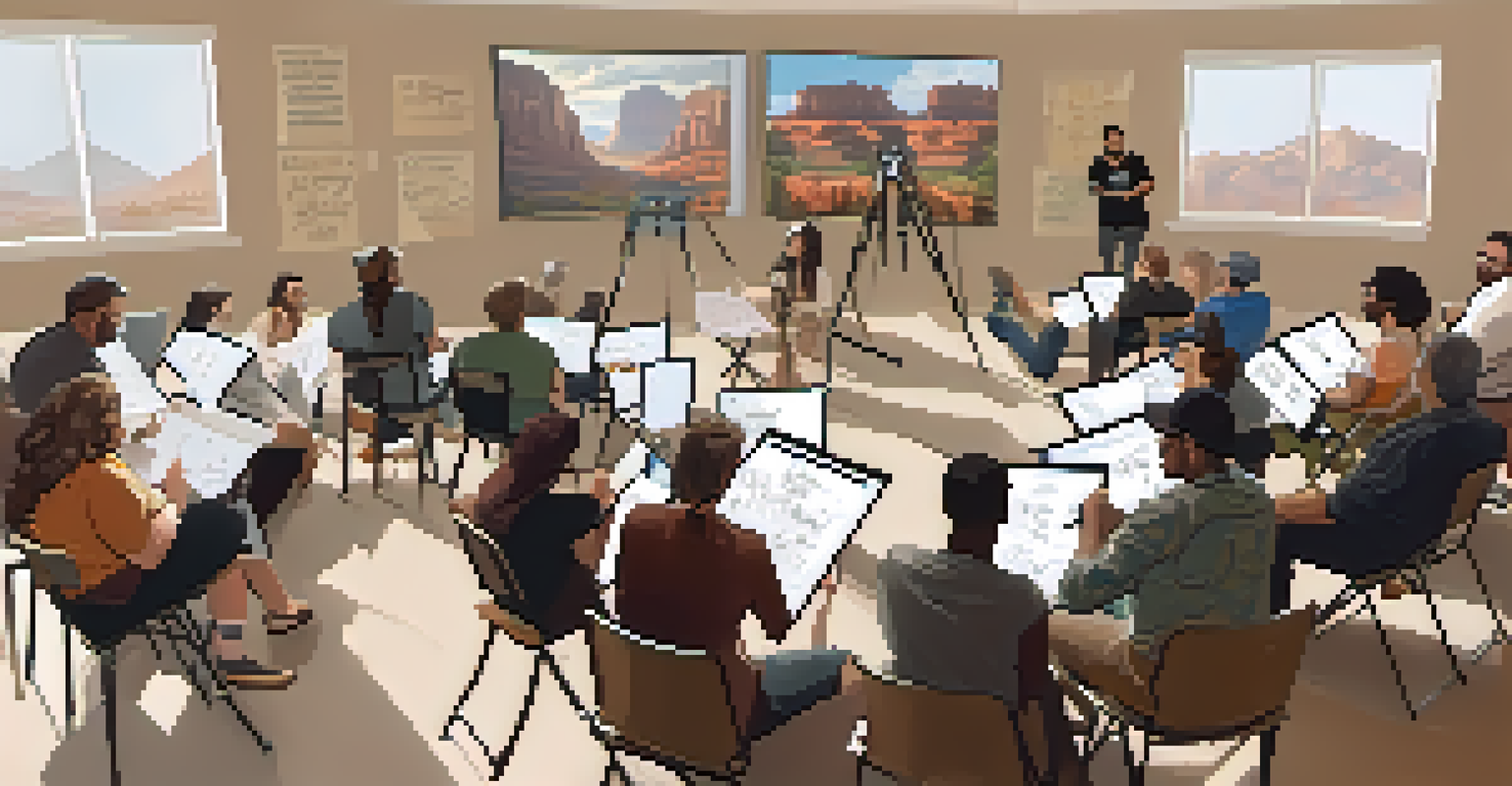 A workshop at the Sedona Film Festival, showcasing aspiring filmmakers learning from an industry veteran, with natural light illuminating the creative space.