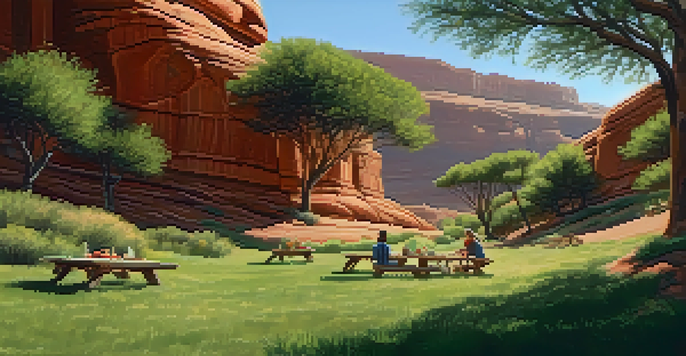 A tranquil picnic setup on a blanket in Secret Canyon, with red rock cliffs in the background and a picnic basket filled with food.