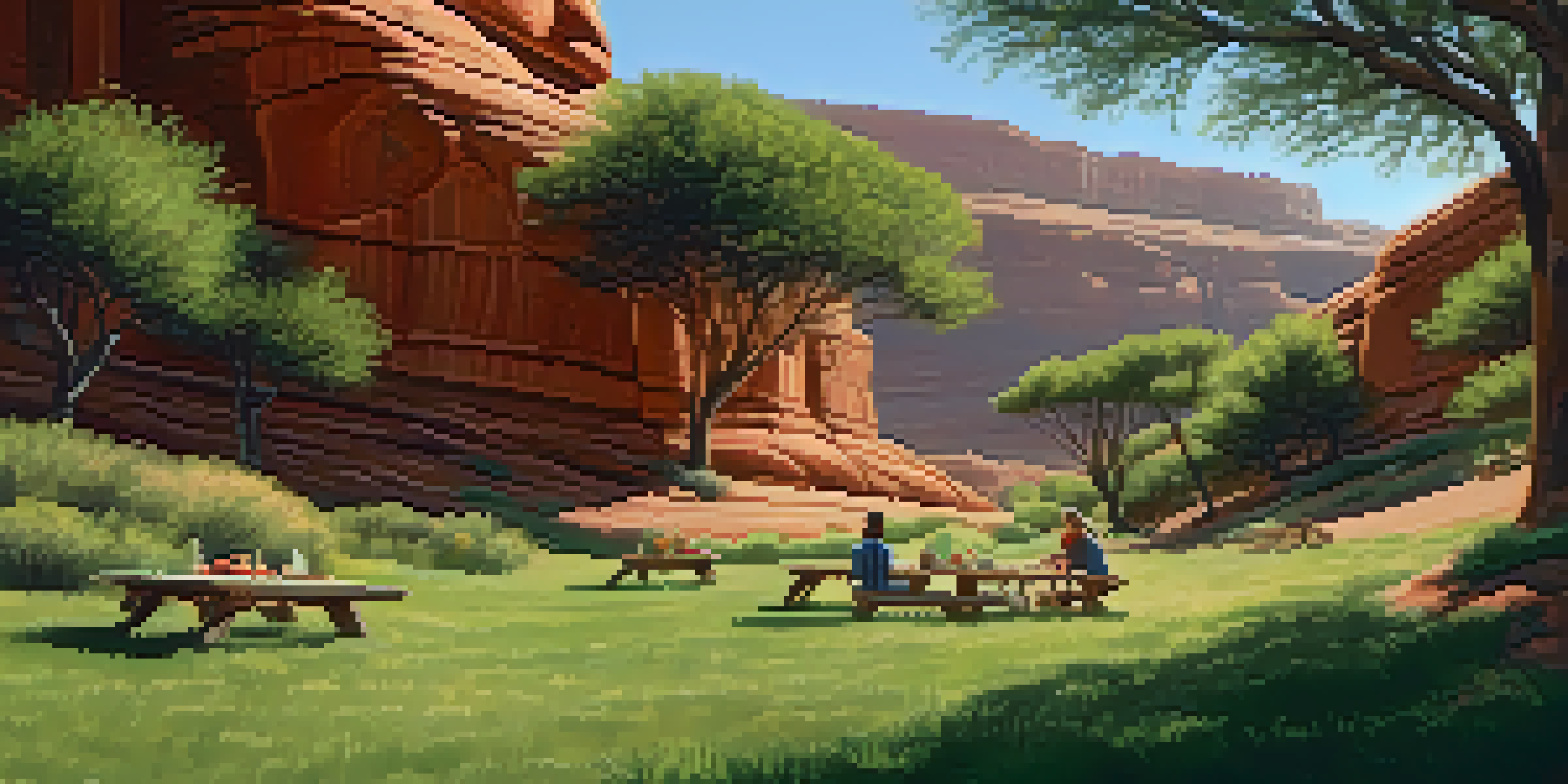 A tranquil picnic setup on a blanket in Secret Canyon, with red rock cliffs in the background and a picnic basket filled with food.
