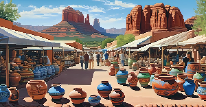 An outdoor pottery market in Sedona with colorful pottery items and red rock formations in the background.