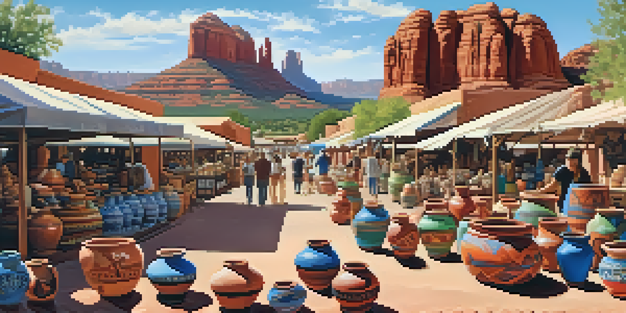 An outdoor pottery market in Sedona with colorful pottery items and red rock formations in the background.