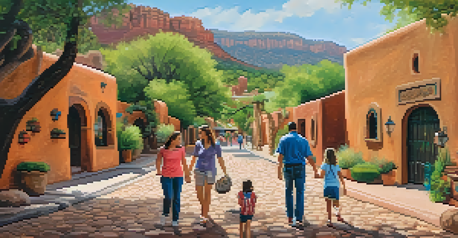 A family wandering through Tlaquepaque Arts & Crafts Village, surrounded by colorful art and murals.