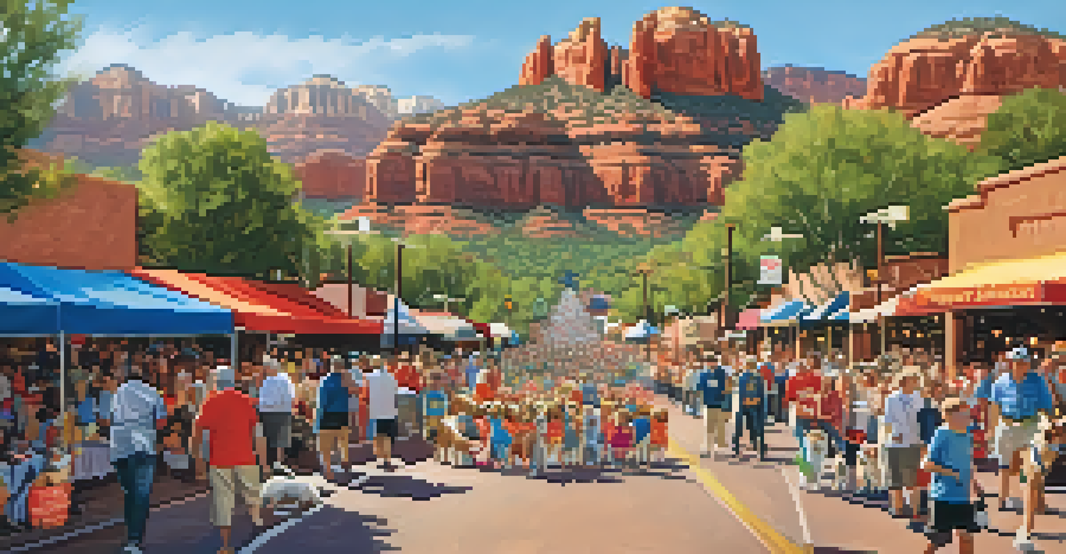 A lively dog parade in Sedona with owners and their dogs surrounded by colorful decorations and red rock formations.