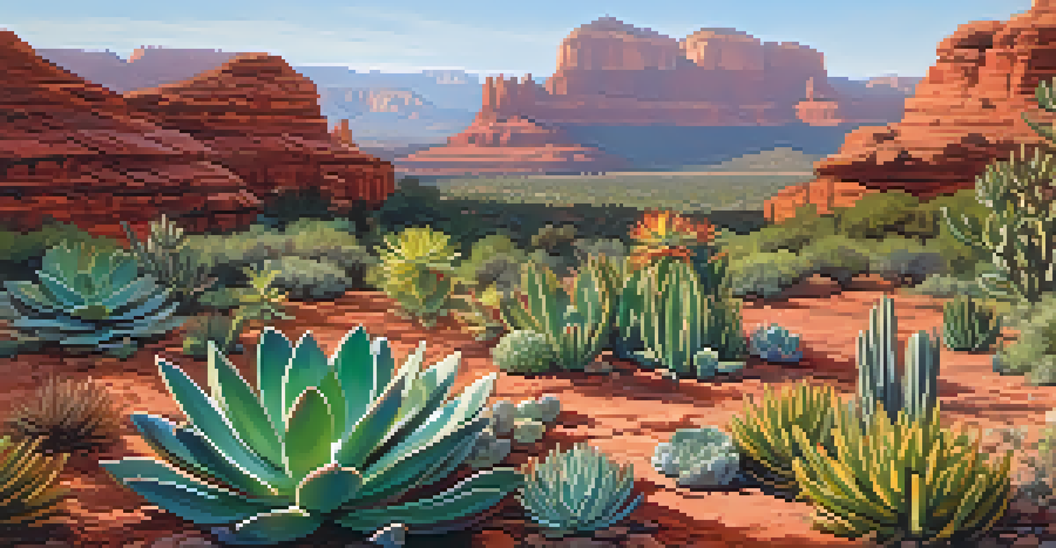 A vibrant succulent garden in Sedona, Arizona, showcasing various succulent species under warm sunlight, with red rock formations in the background.