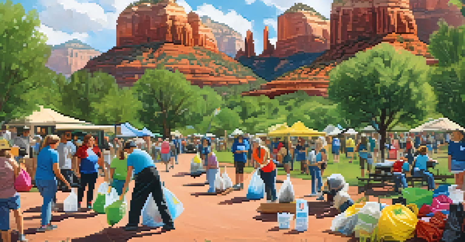 Residents participating in a community clean-up event in a park surrounded by red rocks.