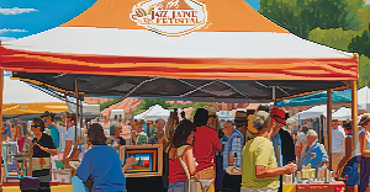 A local artisan's booth filled with handmade crafts and artworks, with festival-goers admiring the items and red rock formations in the background.