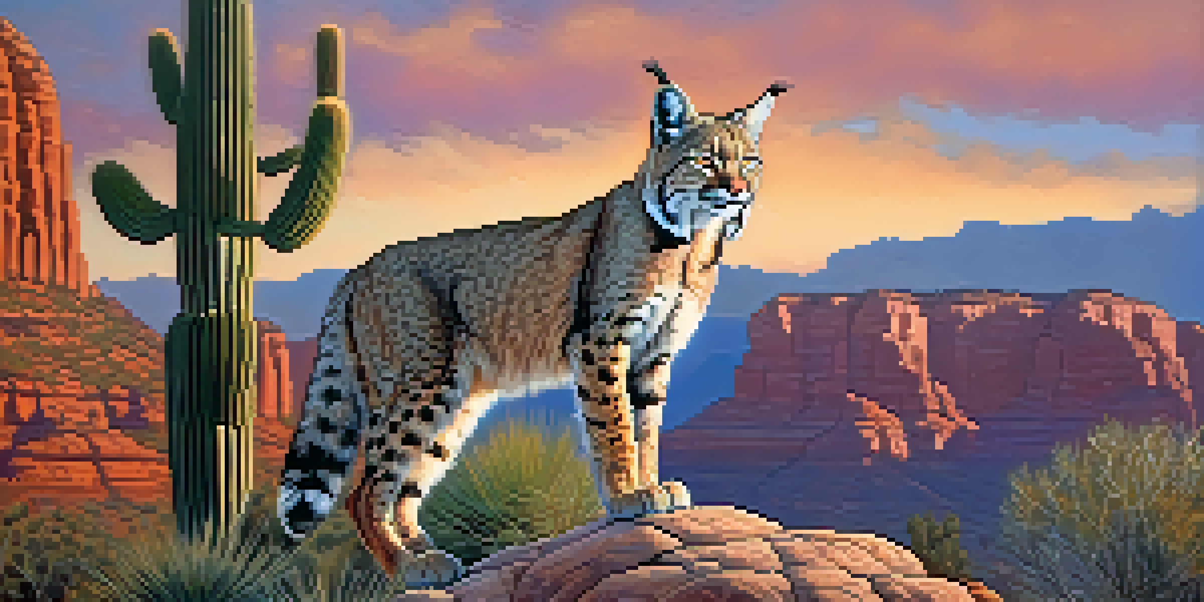 A bobcat resting on a rocky ledge in Sedona during sunset, surrounded by cacti and desert vegetation.
