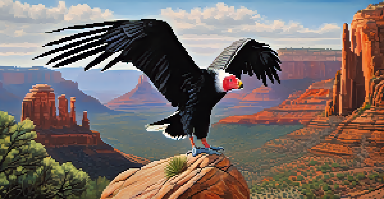 A close-up of a California condor with Sedona's landscape in the background, highlighting wildlife conservation.