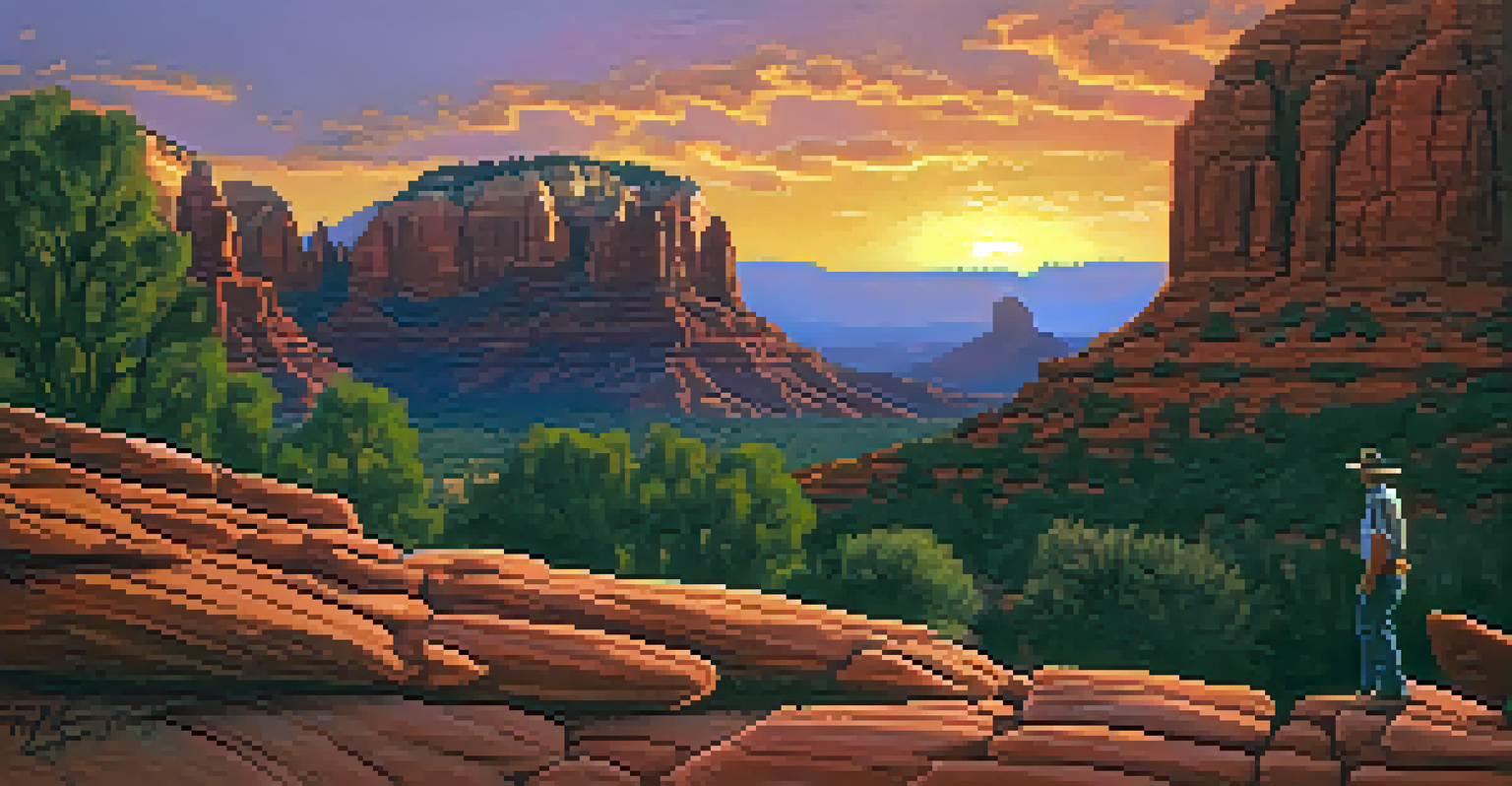 A cowboy silhouette against a vibrant sunset over Sedona's red rock formations.