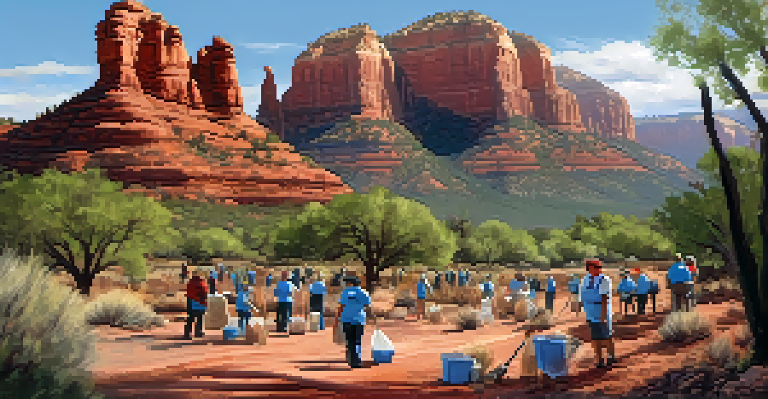 Volunteers participating in a community clean-up event in Sedona, picking up litter along a scenic trail with red rock formations in the background.