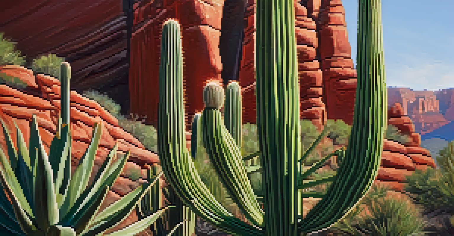 A close-up of a cactus with Sedona's red rock formations in the background, highlighting the details of the cactus.