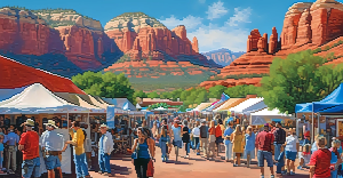 A bustling art festival in Sedona with colorful tents, local artists painting, and visitors participating in creative activities, set against the iconic red rock formations.