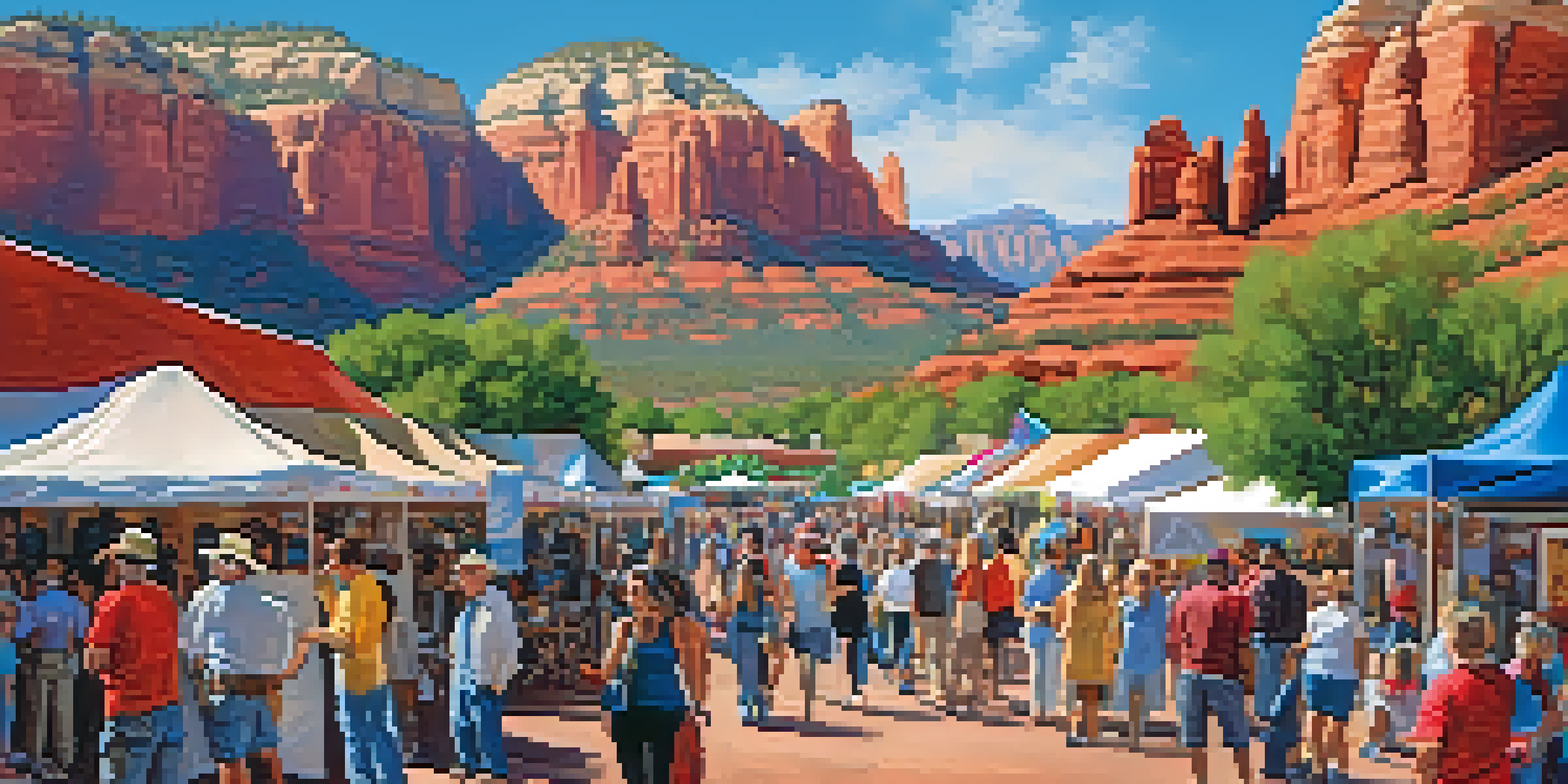 A bustling art festival in Sedona with colorful tents, local artists painting, and visitors participating in creative activities, set against the iconic red rock formations.