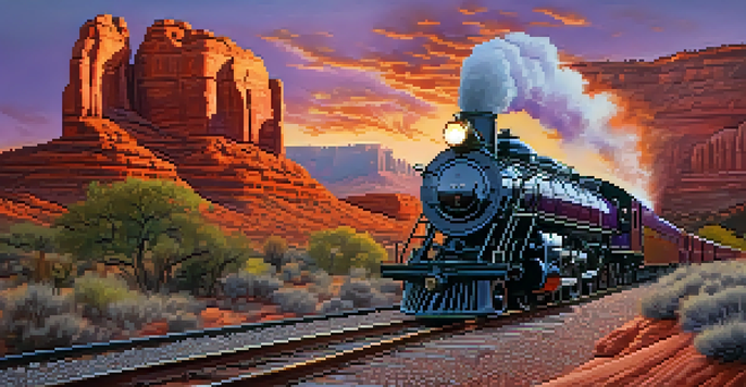 A vintage steam locomotive traveling through Sedona at sunset, with red rock formations in the foreground and a colorful sky.