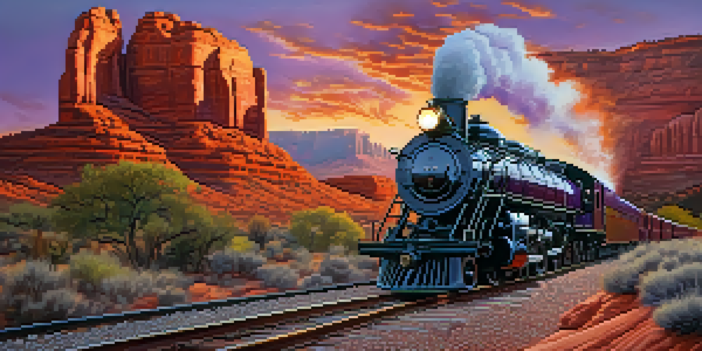 A vintage steam locomotive traveling through Sedona at sunset, with red rock formations in the foreground and a colorful sky.