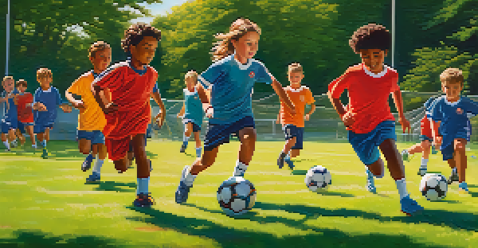 A diverse group of young soccer players practicing on a sunny day, surrounded by colorful training cones on a green field.