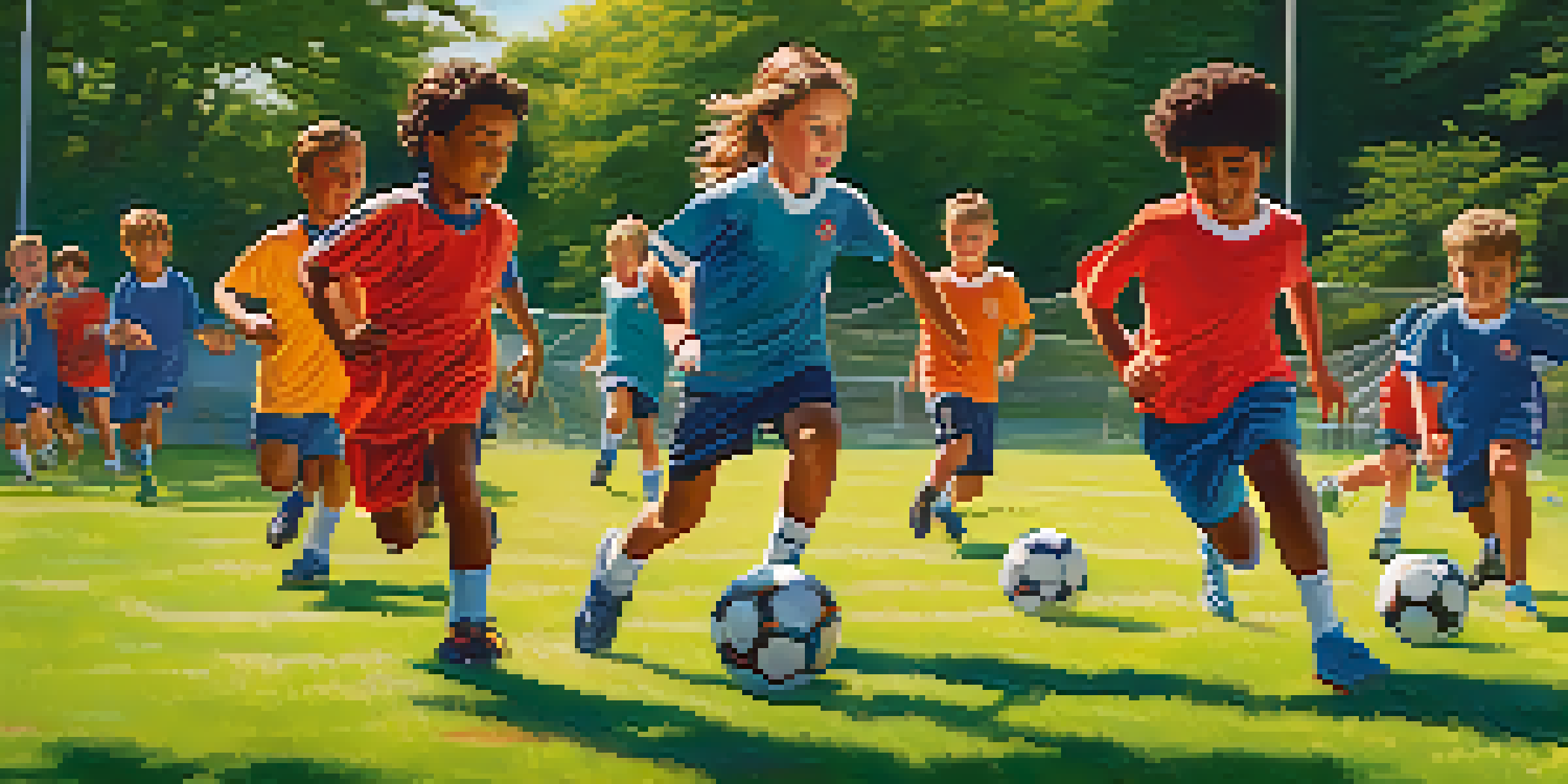 A diverse group of young soccer players practicing on a sunny day, surrounded by colorful training cones on a green field.