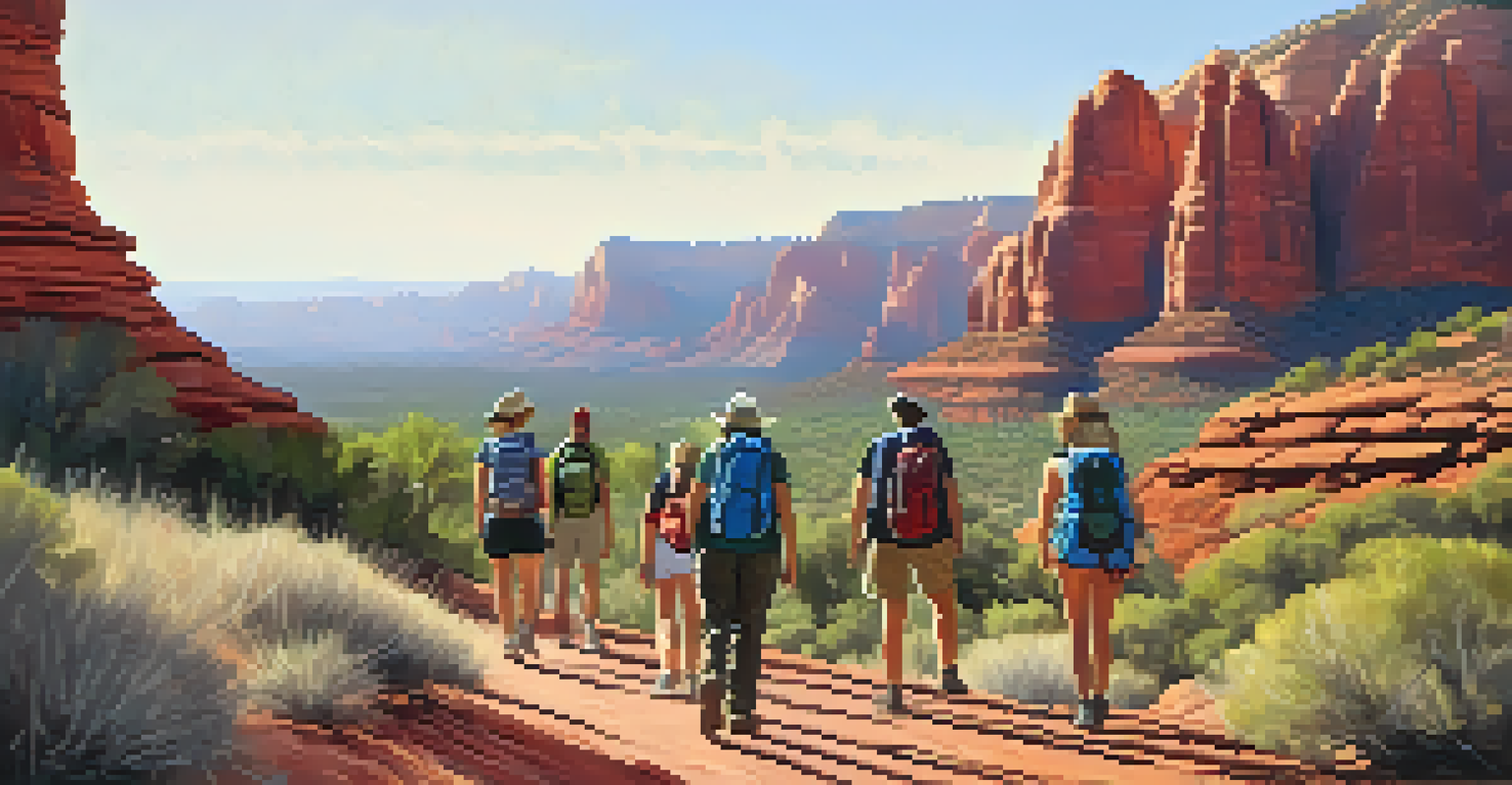 Travelers on a guided eco-friendly hiking tour in Sedona, surrounded by red rock formations and desert plants on a sunny day.