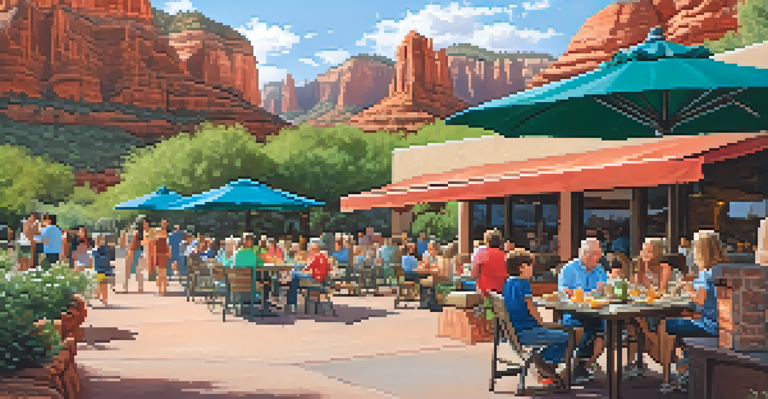 A vibrant outdoor dining scene in Sedona with families enjoying meals, children playing, and colorful umbrellas against a backdrop of greenery and red rocks.