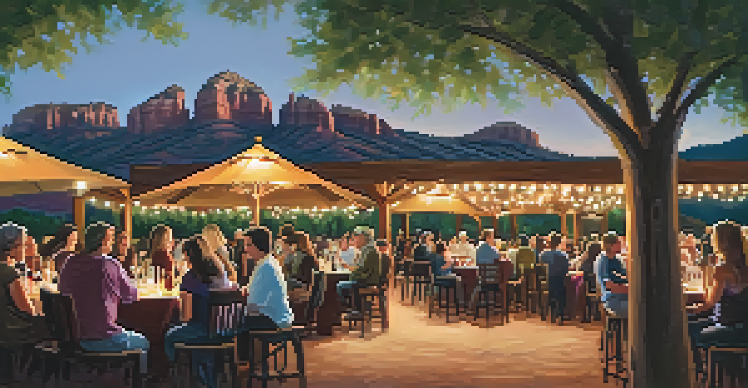 People enjoying wine and live music at the Sedona Winefest with vineyard views and decorative lights.