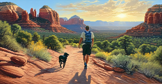 A scenic hiking trail in Sedona with red rock formations, a dog running beside its owner, and bright sunshine.