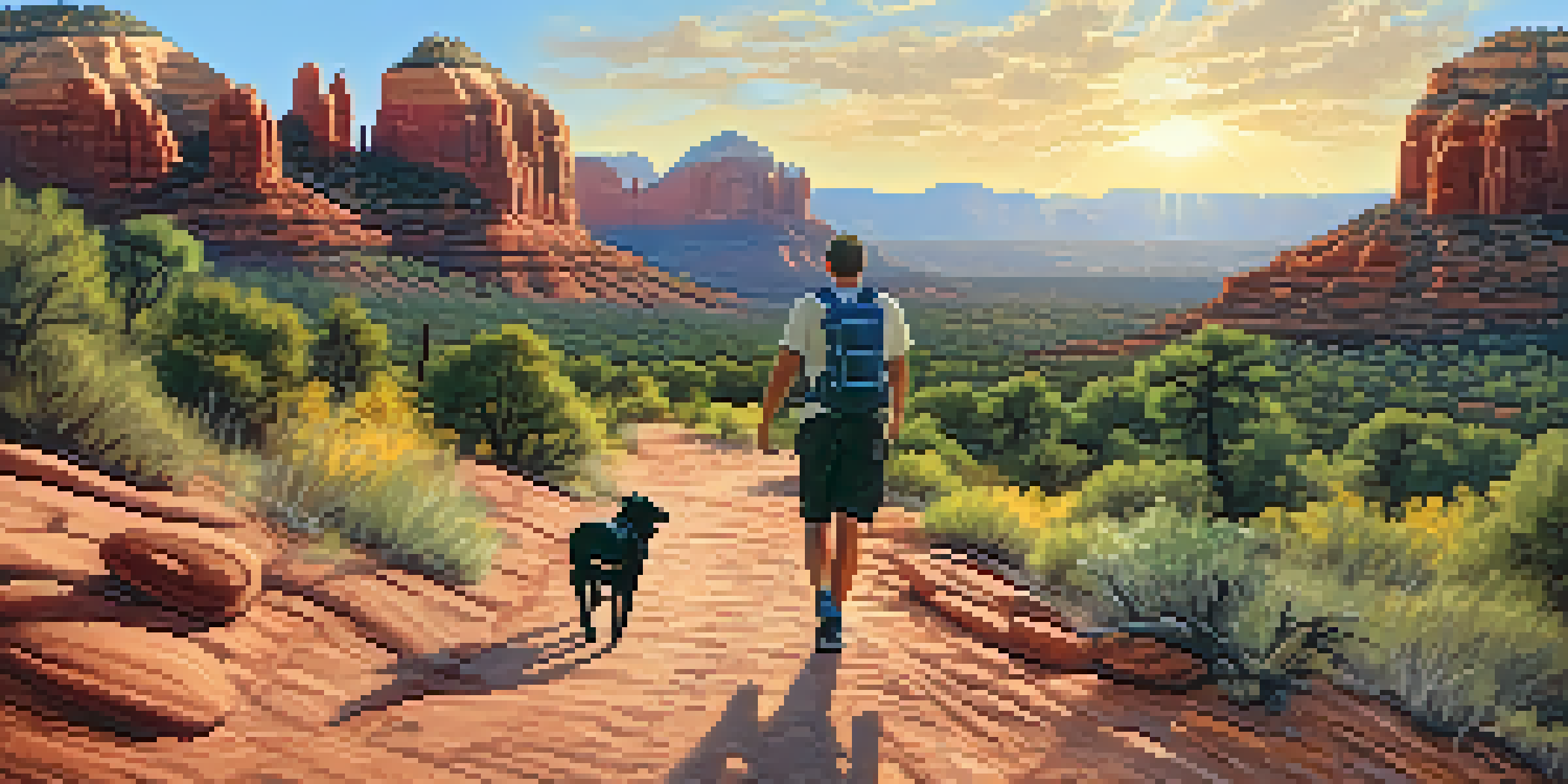 A scenic hiking trail in Sedona with red rock formations, a dog running beside its owner, and bright sunshine.