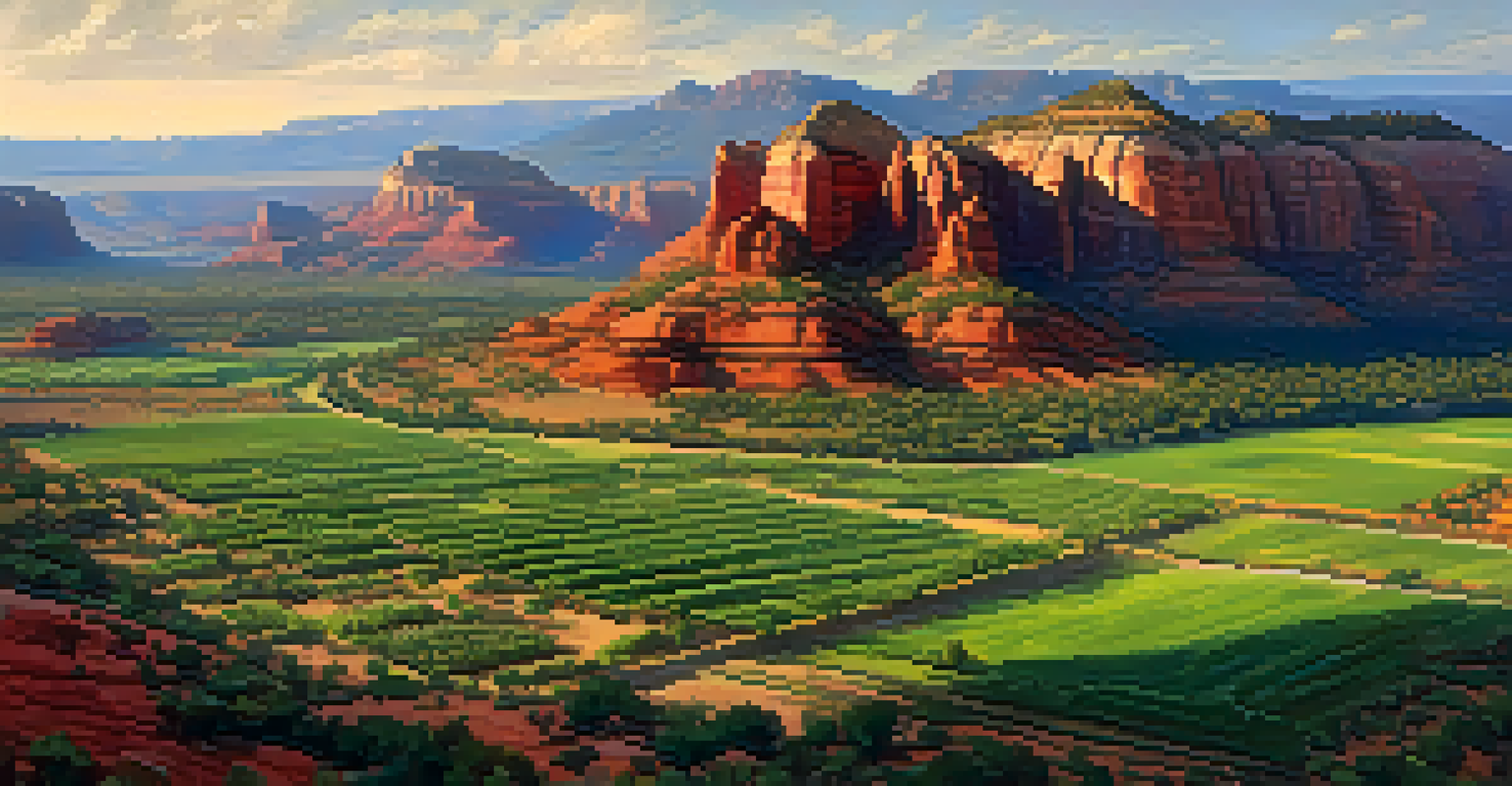 An aerial view of Sedona's agricultural landscape with terraced farms and red rock formations in the background.