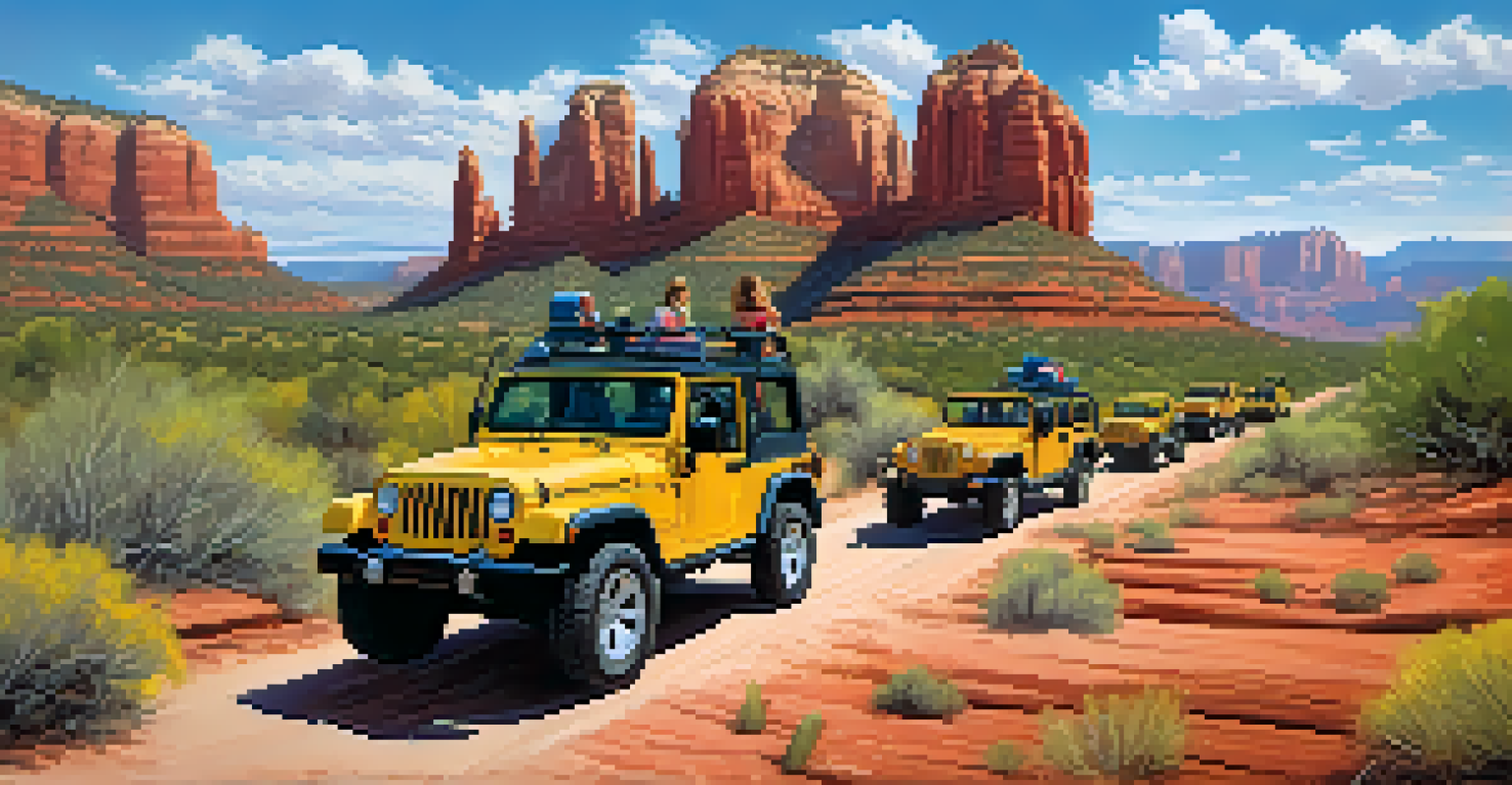 A family in a Jeep, smiling and enjoying a tour through Sedona's beautiful red rock landscape, with rocky trails and desert plants around them.