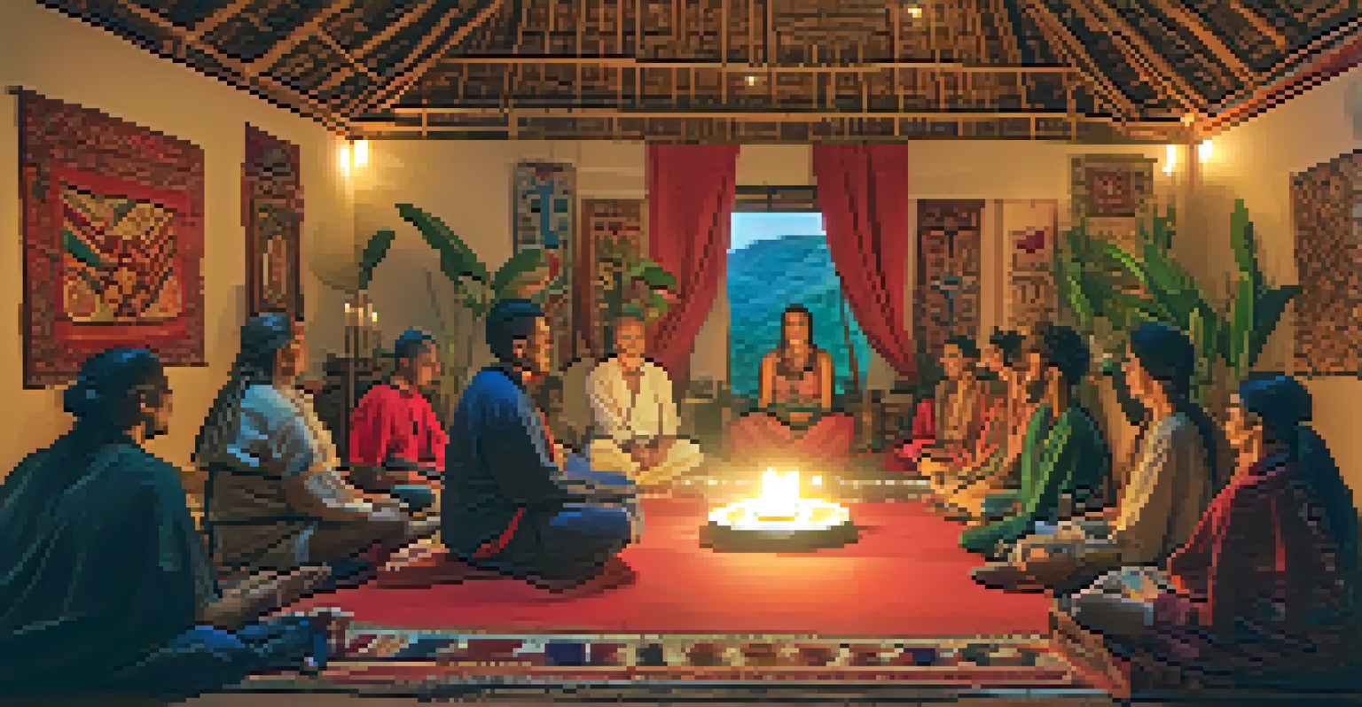A shaman leading a sound therapy session with participants in a cozy retreat space filled with tapestries and candles.