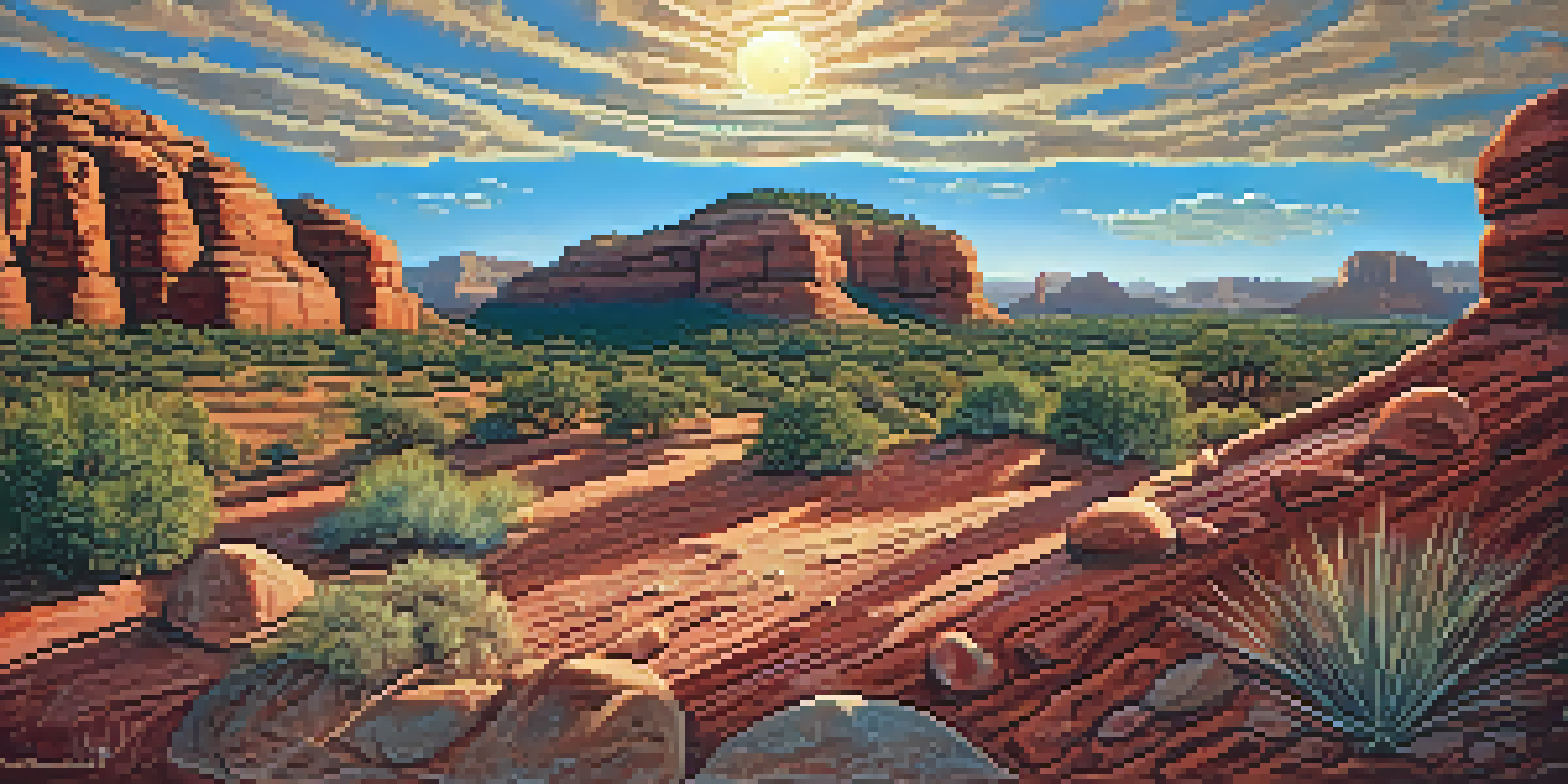 Close-up of ancient petroglyphs carved into red rock, featuring various animal and celestial symbols, with sunlight enhancing their details.