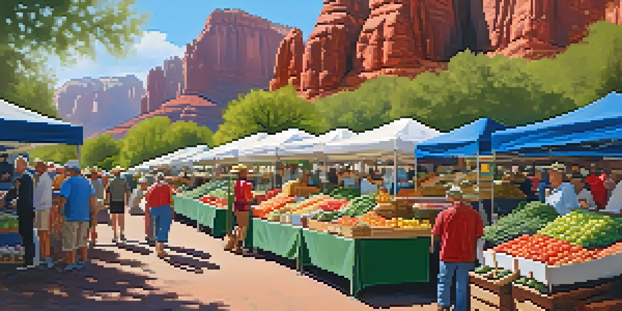 A lively farmer's market in Sedona filled with fresh produce, people interacting with farmers, and red rock formations in the background.