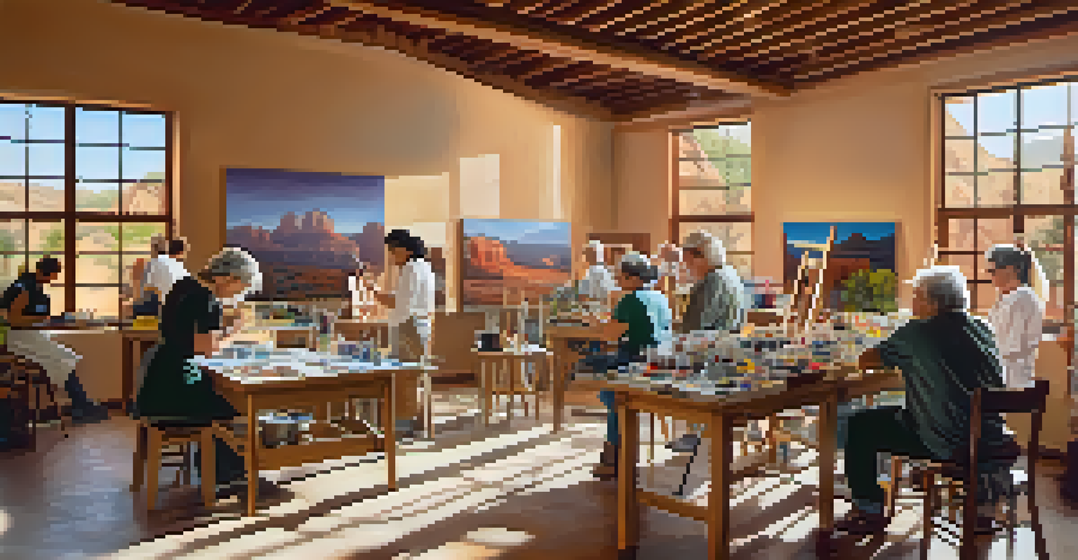 An art workshop at the Sedona Arts Center with artists of different skill levels creating artworks in a bright and inviting environment.